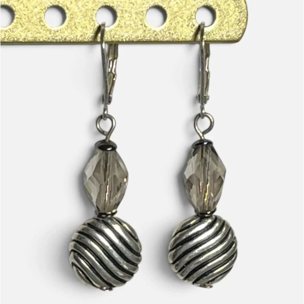 Leverback Drop Earrings Smoky Crystal Bead Dangle Silver Tone Striped Metal Disc